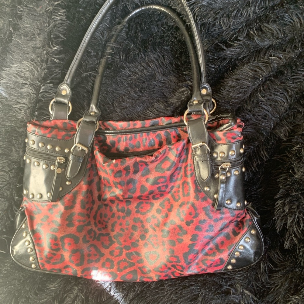 Red and Black leopard studded Shoulder Bag